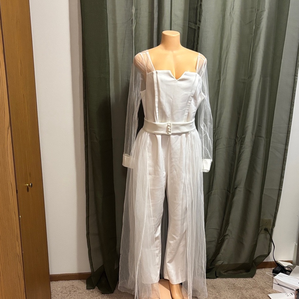 Stylish White Jumpsuit with Sheer Overlay